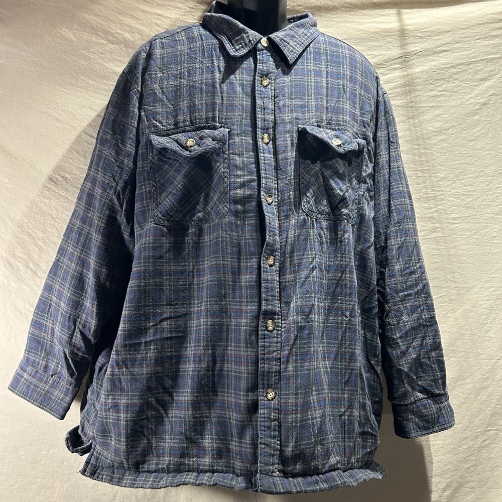 Vintage Cherokee Quilted Flannel Shirt Jacket Mens XL Plaid Lined Shacket Blue